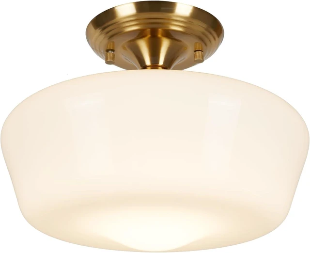 Main image of Schoolhouse Style Semi Flush Mount Ceiling Light Fixture, 12" Modern Gold Hallway Ceiling Lamp with Opal Milk Glass Shade Brass, Farmhouse Globe Light for Bedroom Kitchen Hallway Entryway Laundry