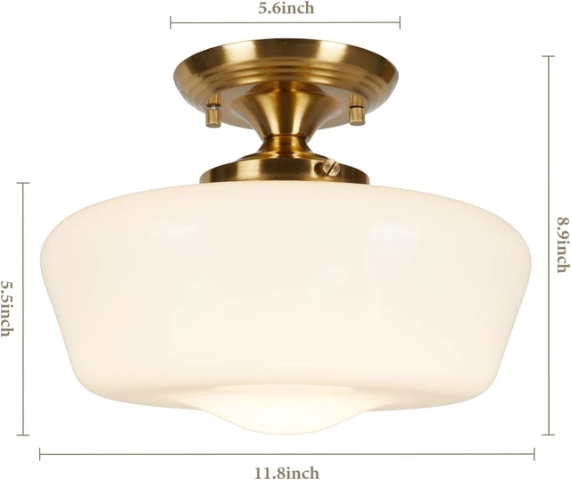 Alt view image 2 of 7 - Schoolhouse Style Semi Flush Mount Ceiling Light Fixture, 12" Modern Gold Hallway Ceiling Lamp with Opal Milk Glass Shade Brass, Farmhouse Globe Light for Bedroom Kitchen Hallway Entryway Laundry