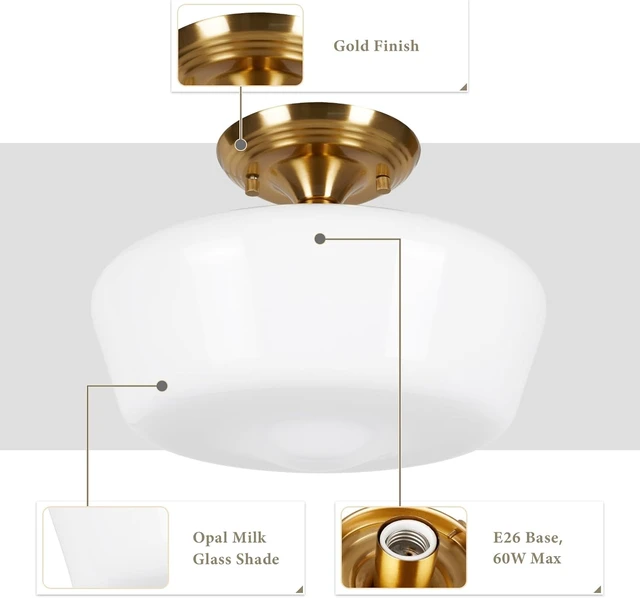 Alt view image 3 of 7 - Schoolhouse Style Semi Flush Mount Ceiling Light Fixture, 12" Modern Gold Hallway Ceiling Lamp with Opal Milk Glass Shade Brass, Farmhouse Globe Light for Bedroom Kitchen Hallway Entryway Laundry