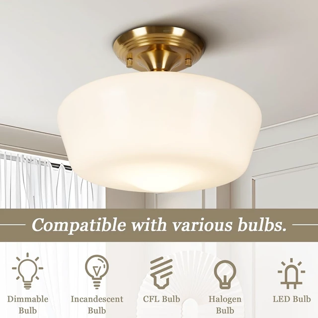 Alt view image 4 of 7 - Schoolhouse Style Semi Flush Mount Ceiling Light Fixture, 12" Modern Gold Hallway Ceiling Lamp with Opal Milk Glass Shade Brass, Farmhouse Globe Light for Bedroom Kitchen Hallway Entryway Laundry