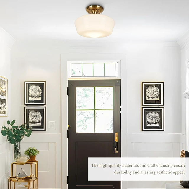 Alt view image 7 of 7 - Schoolhouse Style Semi Flush Mount Ceiling Light Fixture, 12" Modern Gold Hallway Ceiling Lamp with Opal Milk Glass Shade Brass, Farmhouse Globe Light for Bedroom Kitchen Hallway Entryway Laundry