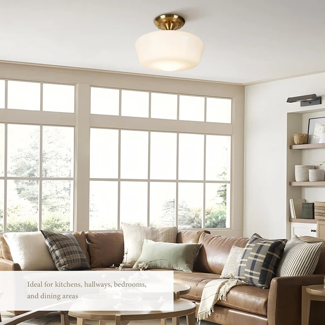 Alt view image 6 of 7 - Schoolhouse Style Semi Flush Mount Ceiling Light Fixture, 12" Modern Gold Hallway Ceiling Lamp with Opal Milk Glass Shade Brass, Farmhouse Globe Light for Bedroom Kitchen Hallway Entryway Laundry