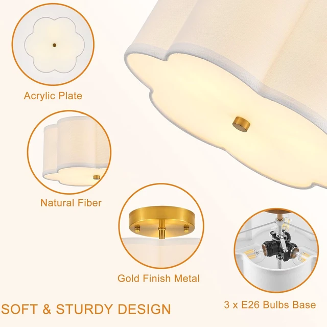 Alt view image 3 of 7 - 12.9" Gold Semi Flush Mount Ceiling Light, Linen 3-Light Fixture