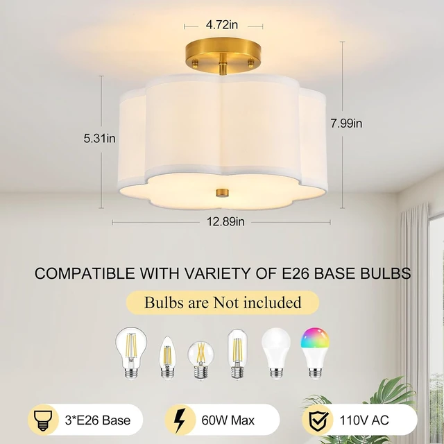 Alt view image 4 of 7 - 12.9" Gold Semi Flush Mount Ceiling Light, Linen 3-Light Fixture