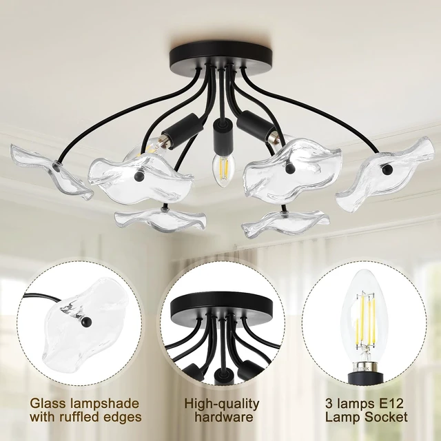 Alt view image 3 of 7 - Semi Flush Mount Ceiling Light Fixture, 3-Light Modern Black Ceiling Light
