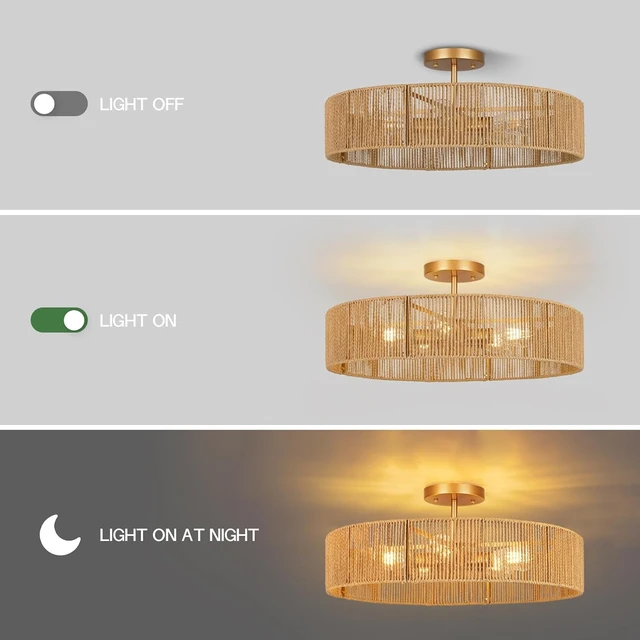 Alt view image 5 of 7 - 24" Natural Rattan Flush Mount Ceiling Light Fixture, 5-Light Gold Hand-Woven Wicker Boho Chandelier for Bedroom, Living Room, Dining Room, Kitchen, Rustic Lamp for Hallway and Entryway