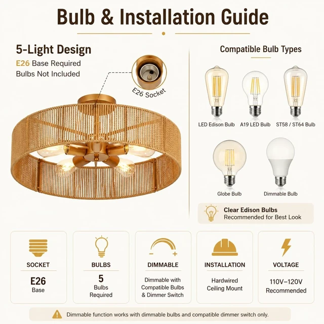 Alt view image 7 of 7 - 24" Natural Rattan Flush Mount Ceiling Light Fixture, 5-Light Gold Hand-Woven Wicker Boho Chandelier for Bedroom, Living Room, Dining Room, Kitchen, Rustic Lamp for Hallway and Entryway