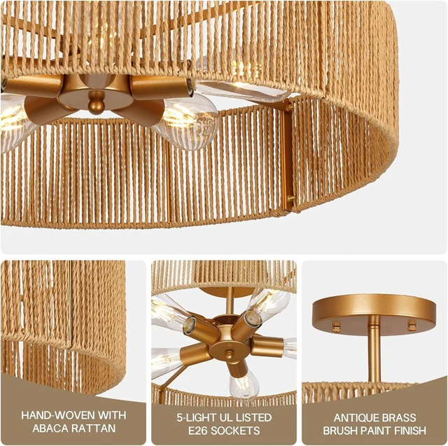 Alt view image 6 of 7 - 24" Natural Rattan Flush Mount Ceiling Light Fixture, 5-Light Gold Hand-Woven Wicker Boho Chandelier for Bedroom, Living Room, Dining Room, Kitchen, Rustic Lamp for Hallway and Entryway