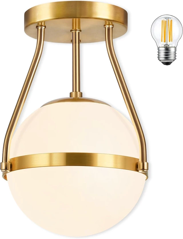 Main image of Bagood Globe Semi Flush Mount Ceiling Light Mid Century Modern Globe Ceiling Light Fixture with Milk Glass Shade Brass Finish for Living Room Hallway Kitchen Island Dining Room Laundry (Bulb Incl.)
