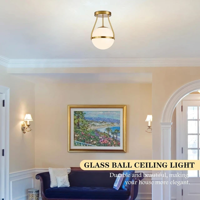 Alt view image 2 of 7 - Bagood Globe Semi Flush Mount Ceiling Light Mid Century Modern Globe Ceiling Light Fixture with Milk Glass Shade Brass Finish for Living Room Hallway Kitchen Island Dining Room Laundry (Bulb Incl.)