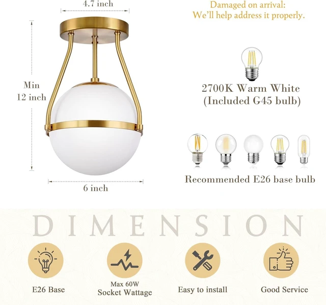 Alt view image 4 of 7 - Bagood Globe Semi Flush Mount Ceiling Light Mid Century Modern Globe Ceiling Light Fixture with Milk Glass Shade Brass Finish for Living Room Hallway Kitchen Island Dining Room Laundry (Bulb Incl.)