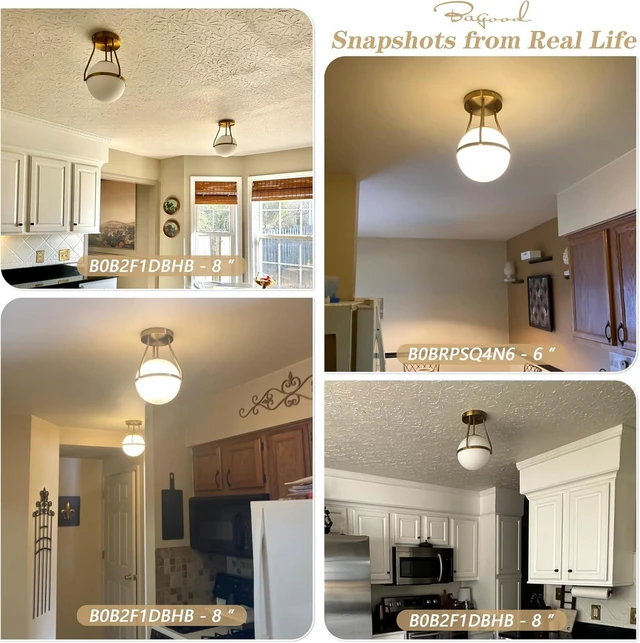 Alt view image 6 of 7 - Bagood Globe Semi Flush Mount Ceiling Light Mid Century Modern Globe Ceiling Light Fixture with Milk Glass Shade Brass Finish for Living Room Hallway Kitchen Island Dining Room Laundry (Bulb Incl.)