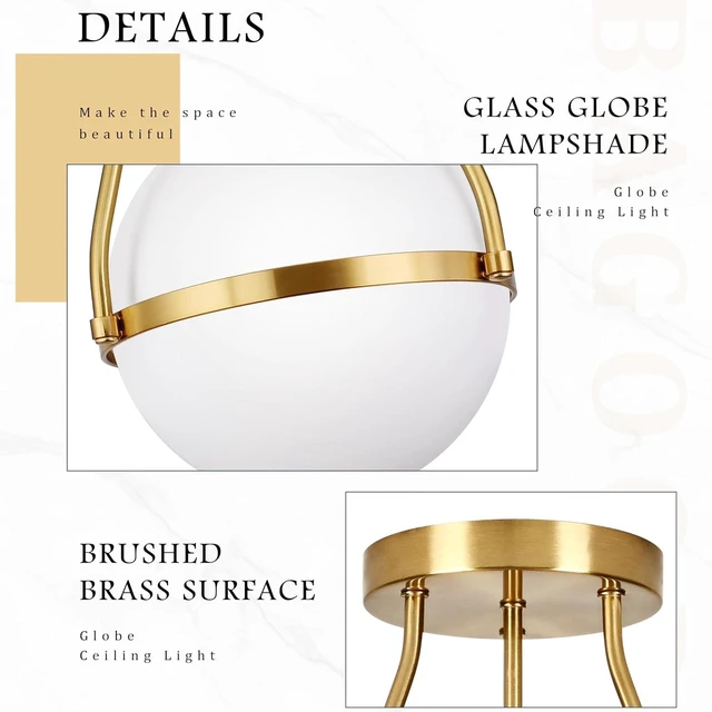 Alt view image 5 of 7 - Bagood Globe Semi Flush Mount Ceiling Light Mid Century Modern Globe Ceiling Light Fixture with Milk Glass Shade Brass Finish for Living Room Hallway Kitchen Island Dining Room Laundry (Bulb Incl.)