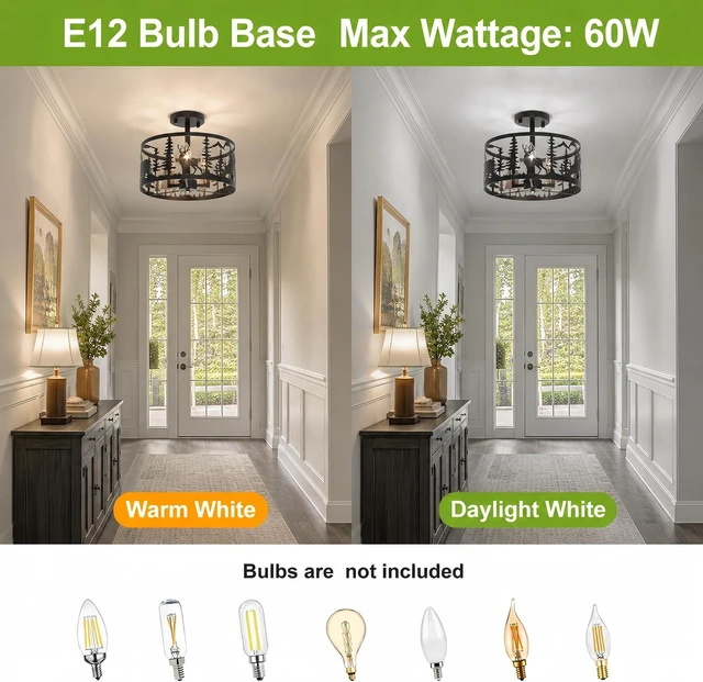 Alt view image 2 of 7 - Rustic Semi-Flush Mount Ceiling Light Fixture,3-Light E12 Base Black Round Farmhouse Metal Light Fixtures for Kitchen, Hallway, Living Room, Industrial Style with Deer, Bear, Tree Design