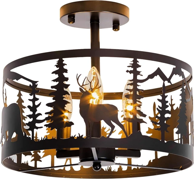 Main image of Rustic Semi-Flush Mount Ceiling Light Fixture,3-Light E12 Base Black Round Farmhouse Metal Light Fixtures for Kitchen, Hallway, Living Room, Industrial Style with Deer, Bear, Tree Design