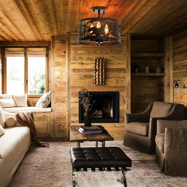 Alt view image 4 of 7 - Rustic Semi-Flush Mount Ceiling Light Fixture,3-Light E12 Base Black Round Farmhouse Metal Light Fixtures for Kitchen, Hallway, Living Room, Industrial Style with Deer, Bear, Tree Design