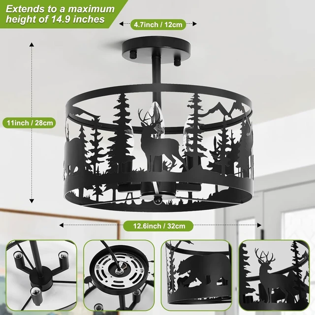 Alt view image 3 of 7 - Rustic Semi-Flush Mount Ceiling Light Fixture,3-Light E12 Base Black Round Farmhouse Metal Light Fixtures for Kitchen, Hallway, Living Room, Industrial Style with Deer, Bear, Tree Design