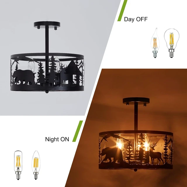 Alt view image 6 of 7 - Rustic Semi-Flush Mount Ceiling Light Fixture,3-Light E12 Base Black Round Farmhouse Metal Light Fixtures for Kitchen, Hallway, Living Room, Industrial Style with Deer, Bear, Tree Design