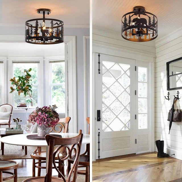 Alt view image 7 of 7 - Rustic Semi-Flush Mount Ceiling Light Fixture,3-Light E12 Base Black Round Farmhouse Metal Light Fixtures for Kitchen, Hallway, Living Room, Industrial Style with Deer, Bear, Tree Design