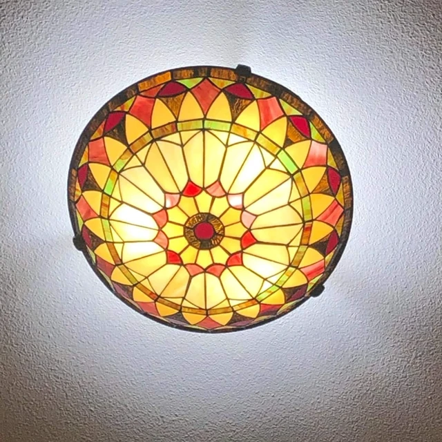 Alt view image 2 of 7 - EUL Vintage Tiffany Style Mission Semi Flush Mount Ceiling Light 15.7" Antique Art Colorful Glass Shade 3 Lights