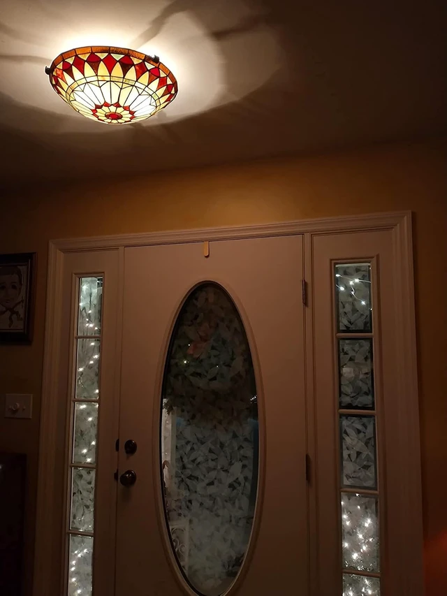 Alt view image 4 of 7 - EUL Vintage Tiffany Style Mission Semi Flush Mount Ceiling Light 15.7" Antique Art Colorful Glass Shade 3 Lights