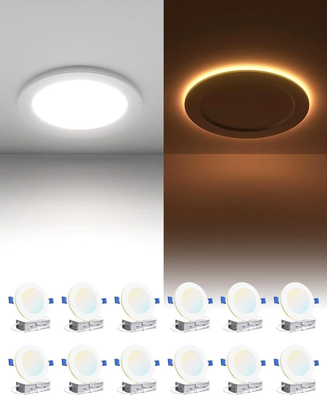 Main image of Ensenior 12 Pack 4 Inch LED Recessed Ceiling Light with Night Light, Dimmable, 2700K-5000K 5CCT, 750LM 9W 120V, High Brightness Canless Wafer Downlight - FCC