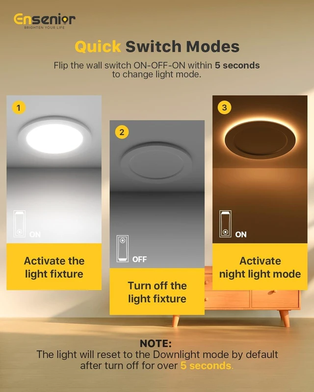 Alt view image 3 of 7 - Ensenior 12 Pack 4 Inch LED Recessed Ceiling Light with Night Light, Dimmable, 2700K-5000K 5CCT, 750LM 9W 120V, High Brightness Canless Wafer Downlight - FCC