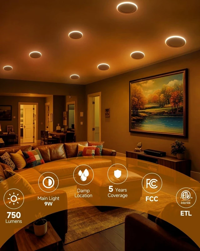 Alt view image 6 of 7 - Ensenior 12 Pack 4 Inch LED Recessed Ceiling Light with Night Light, Dimmable, 2700K-5000K 5CCT, 750LM 9W 120V, High Brightness Canless Wafer Downlight - FCC