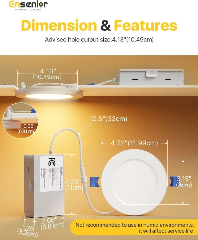 Alt view image 7 of 7 - Ensenior 12 Pack 4 Inch LED Recessed Ceiling Light with Night Light, Dimmable, 2700K-5000K 5CCT, 750LM 9W 120V, High Brightness Canless Wafer Downlight - FCC