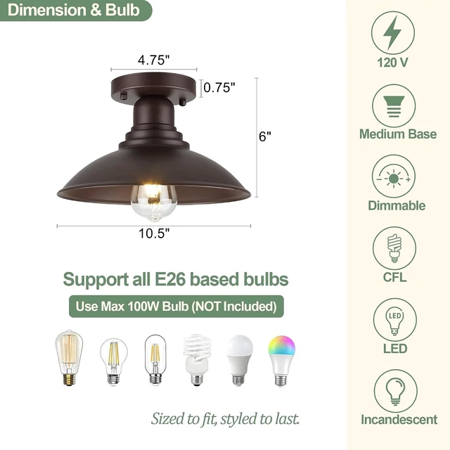 Alt view image 3 of 7 - GOLDHILL 10.5" Semi Flush Mount Barn Light 2-Pack, Rust-Proof Metal Ceiling Fixture Set, Vintage Farmhouse Lighting for Garage, Porch & Mudroom, Damp Rated