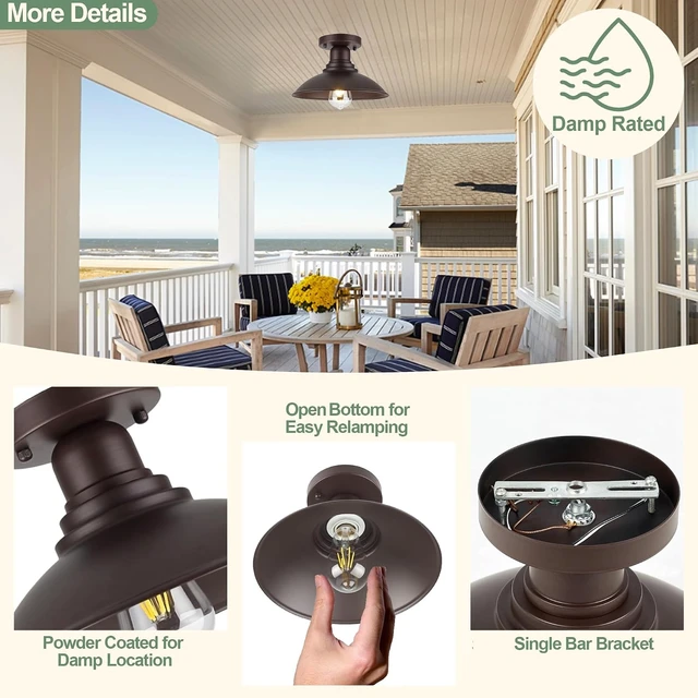 Alt view image 5 of 7 - GOLDHILL 10.5" Semi Flush Mount Barn Light 2-Pack, Rust-Proof Metal Ceiling Fixture Set, Vintage Farmhouse Lighting for Garage, Porch & Mudroom, Damp Rated