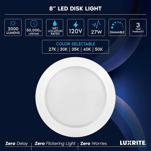 Alt view image 7 of 7 - LUXRITE 8 Inch Dimmable LED Disk Lights, 27W, 2000LM, Energy Star (4 Pack)