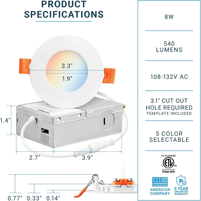 Alt view image 3 of 7 - PARMIDA (12 Pack) 3 Inch 5CCT Ultra-Thin LED Recessed Ceiling Light with Junction Box, 5 Color Selectable 2700K/3000K/3500K/4000K/5000K, 8W, Dimmable Canless Wafer Slim Panel Downlight, IC Rated, ETL