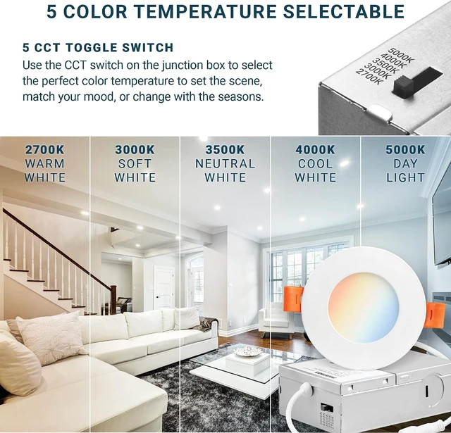 Alt view image 4 of 7 - PARMIDA (12 Pack) 3 Inch 5CCT Ultra-Thin LED Recessed Ceiling Light with Junction Box, 5 Color Selectable 2700K/3000K/3500K/4000K/5000K, 8W, Dimmable Canless Wafer Slim Panel Downlight, IC Rated, ETL