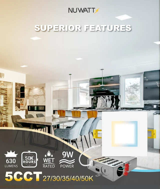 Alt view image 3 of 7 - NUWATT Canless 4 Inch LED Square Recessed Lighting 2700K-5000K, ETL, 6 Pack