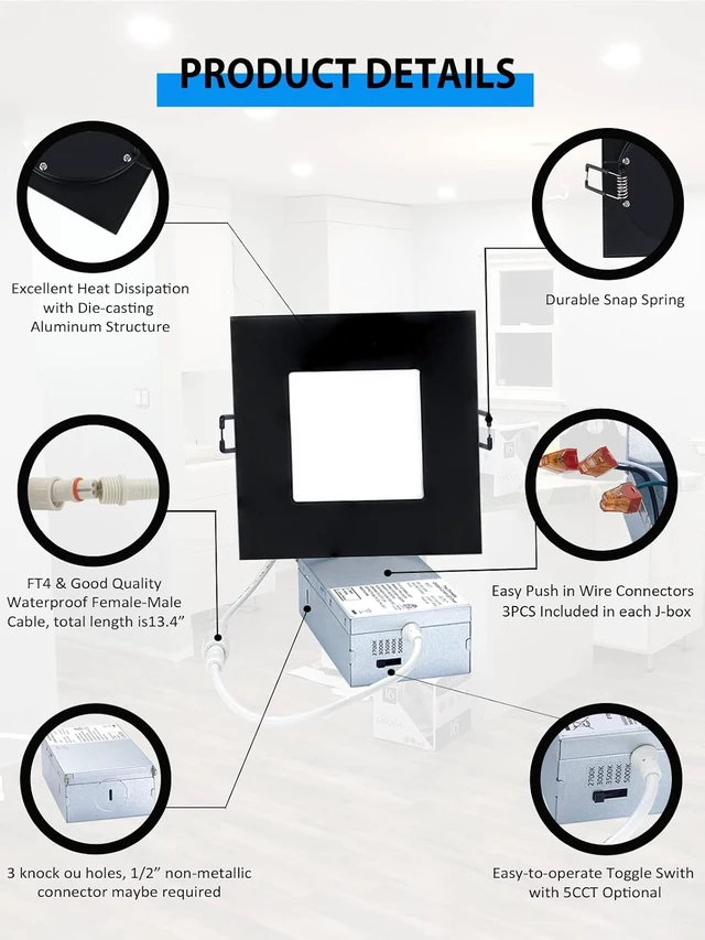 Alt view image 3 of 7 - POPANU Recessed Lighting 4-inch Square-LED - Canless Recessed Light Fixture, Dimmable Ceilling Light with Junction Box, 2700|3000|3500|4000|5000K, 9W, Black, 6P