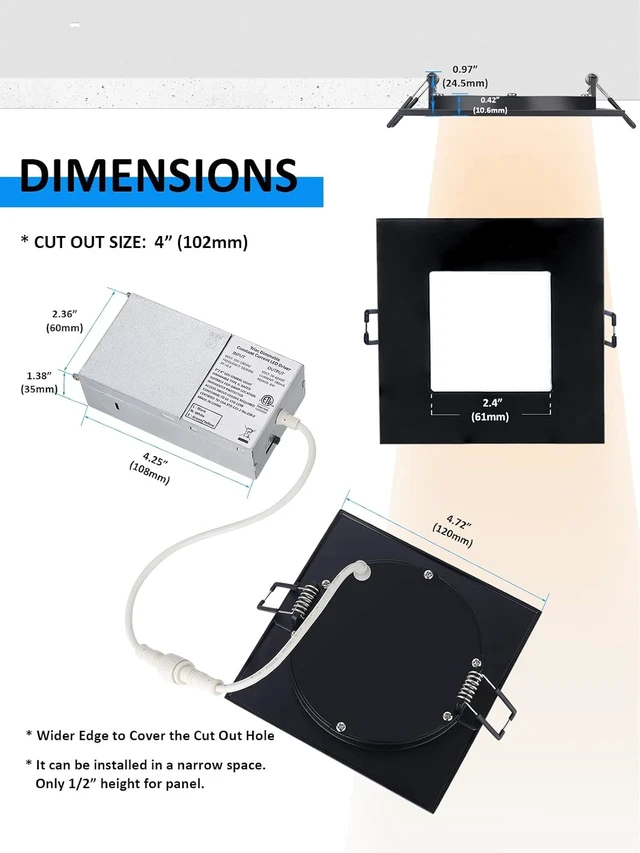 Alt view image 6 of 7 - POPANU Recessed Lighting 4-inch Square-LED - Canless Recessed Light Fixture, Dimmable Ceilling Light with Junction Box, 2700|3000|3500|4000|5000K, 9W, Black, 6P