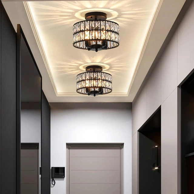 Alt view image 6 of 7 - SeeU Modern Crystal Chandelier Black Flush Mount Pendant Lighting 12.6'' Ceiling Light Fixture for Bathroom Bedroom Hallway