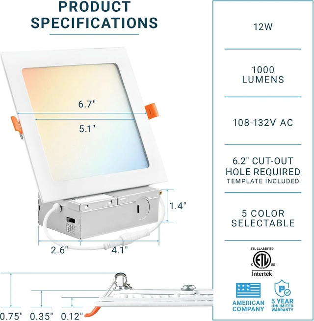 Alt view image 2 of 7 - PARMIDA (6 Pack) 6 Inch Square 5CCT Ultra Thin LED Recessed Lighting with Junction Box, 2700K/3000K/3500K/4000K/5000K 5 Color Selectable, 12W, Dimmable, Canless Wafer Slim Panel Lights, IC Rated, ETL