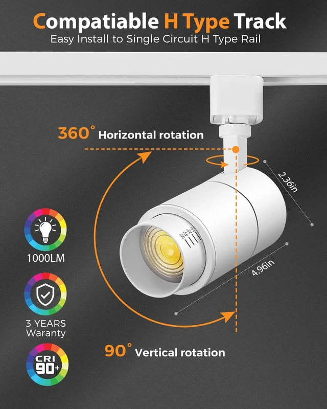 Alt view image 6 of 7 - VANoopee 3-Color Zoomable 10W LED Track Lighting Heads H Type, White 6 Pack