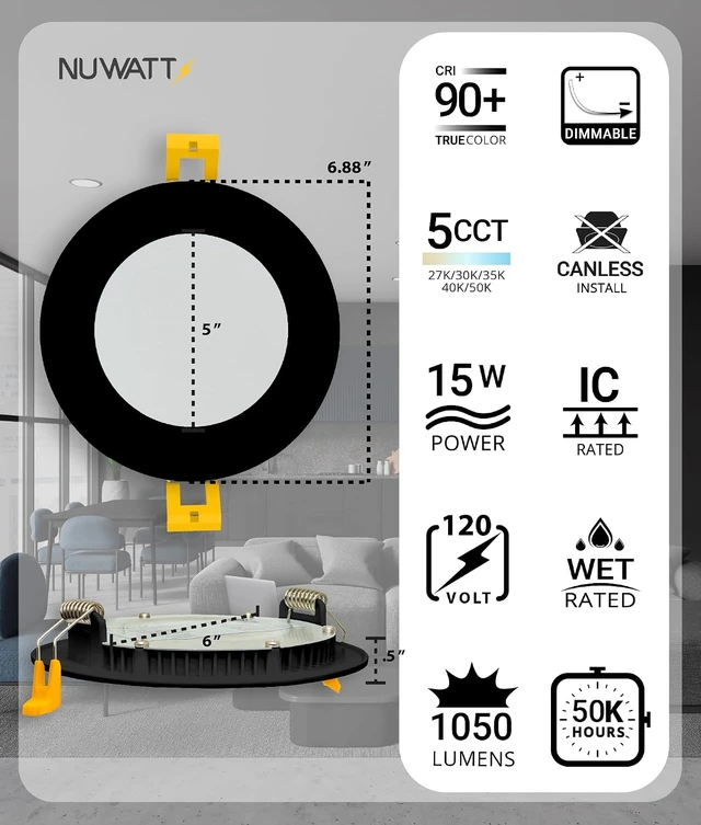 Alt view image 2 of 7 - NUWATT 6 inch LED Black Recessed Lighting, 5CCT 2700K-5000K, Dimmable, 6 PK