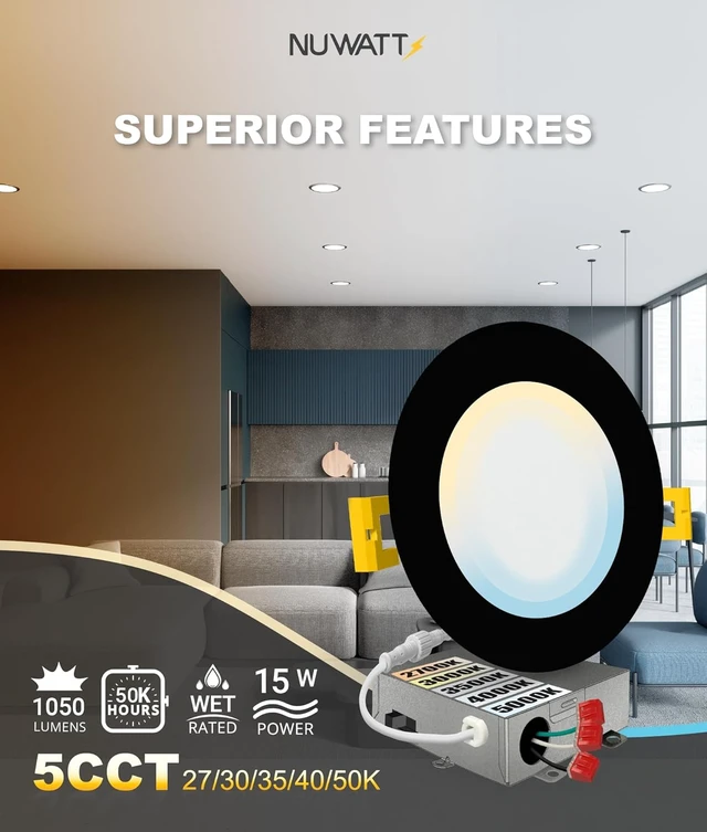 Alt view image 3 of 7 - NUWATT 6 inch LED Black Recessed Lighting, 5CCT 2700K-5000K, Dimmable, 6 PK
