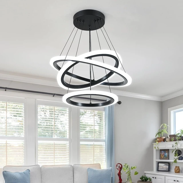 Alt view image 3 of 7 - O'NEELDY Modern 3 Ring LED 52W Black Pendant Light with Irregular Ring Lights Adjustable Hanging Lamp for Dining Room Bedroom Kitchen Island Cafe