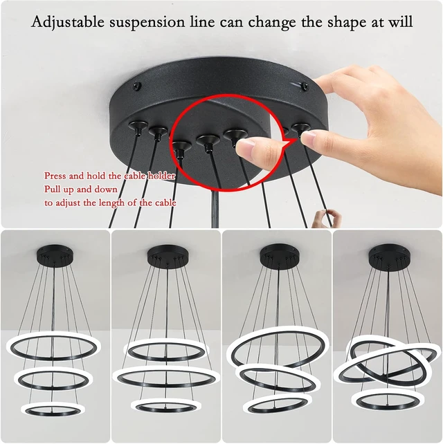 Alt view image 4 of 7 - O'NEELDY Modern 3 Ring LED 52W Black Pendant Light with Irregular Ring Lights Adjustable Hanging Lamp for Dining Room Bedroom Kitchen Island Cafe