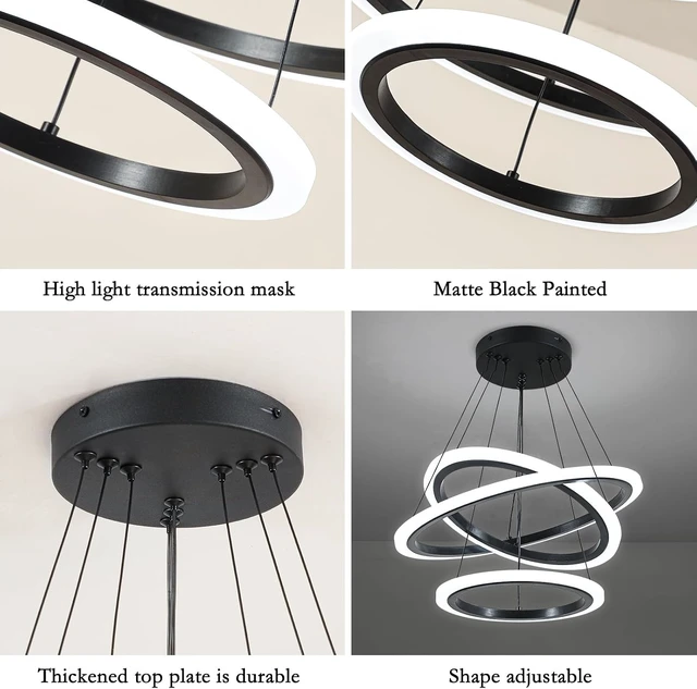 Alt view image 5 of 7 - O'NEELDY Modern 3 Ring LED 52W Black Pendant Light with Irregular Ring Lights Adjustable Hanging Lamp for Dining Room Bedroom Kitchen Island Cafe