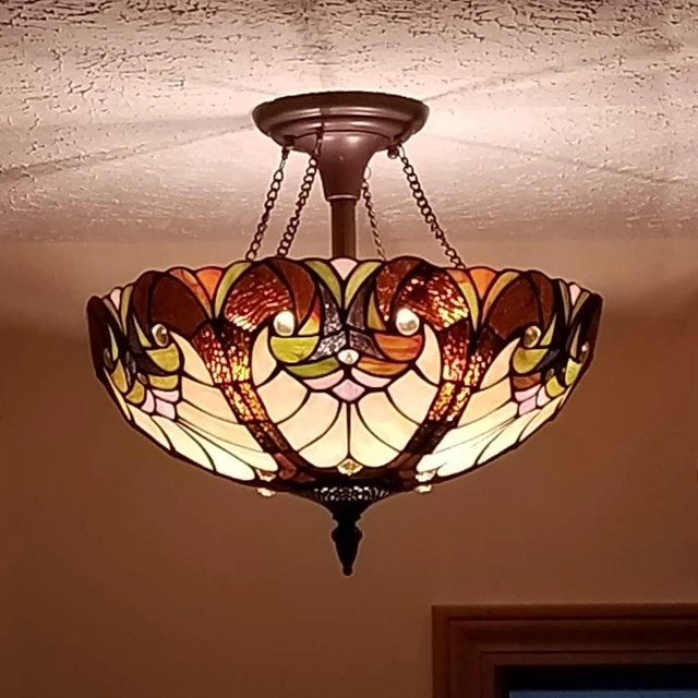 Alt view image 4 of 7 - Tiffany Ceiling Light Victorian Style Stained Glass Semi Flushmount