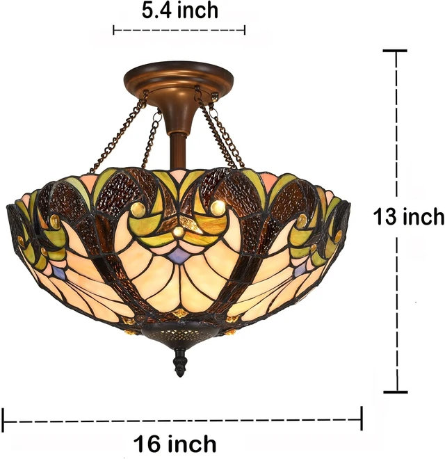 Alt view image 5 of 7 - Tiffany Ceiling Light Victorian Style Stained Glass Semi Flushmount