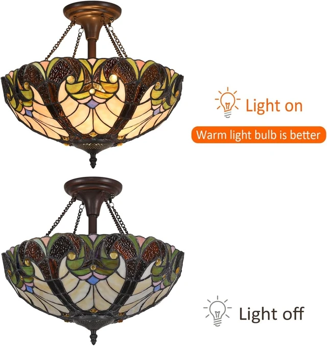 Alt view image 7 of 7 - Tiffany Ceiling Light Victorian Style Stained Glass Semi Flushmount