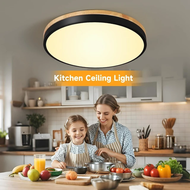 Alt view image 3 of 7 - 12 Inch Wood LED Flush Mount Ceiling Light Fixtures 5CCT 2700-5000K 24W Dimmable | Overhead Light | Round | Black | Ceiling Lamp | Bathroom | Bedroom | Kitchen | Hallway | Laundry Room