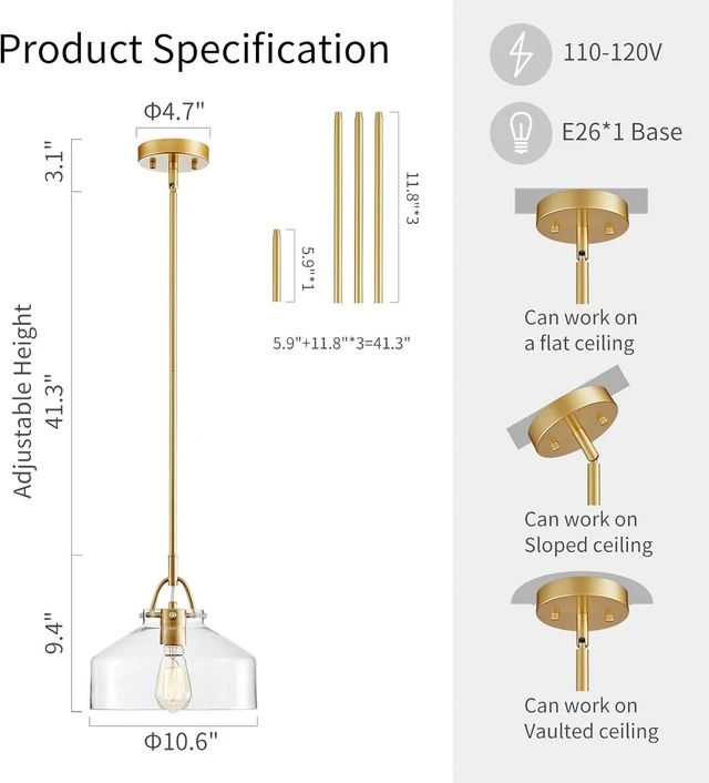 Alt view image 2 of 7 - WUZUPS Chandelier Rustic Farmhouse Industrial Round Ceiling Pendant LED Light Fixture with Clear Glass Shades for Dining Room Kitchen Island Foyer Entryway, H 9.4" x W 10.6", E26 Base, Gold